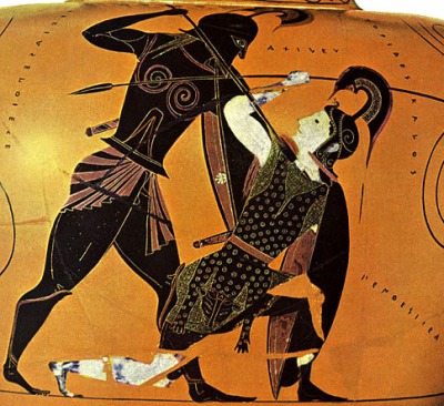 Αχιλλέας και Πενθεσίλεια. Λεπτομέρεια από αττικό μελανόμορφο αμφορέα που αποδίδεται στον αγγειογράφο Εξηκία, (περ. 540-530 π.Χ.), Βρετανικό Μουσείο, Λονδίνο.